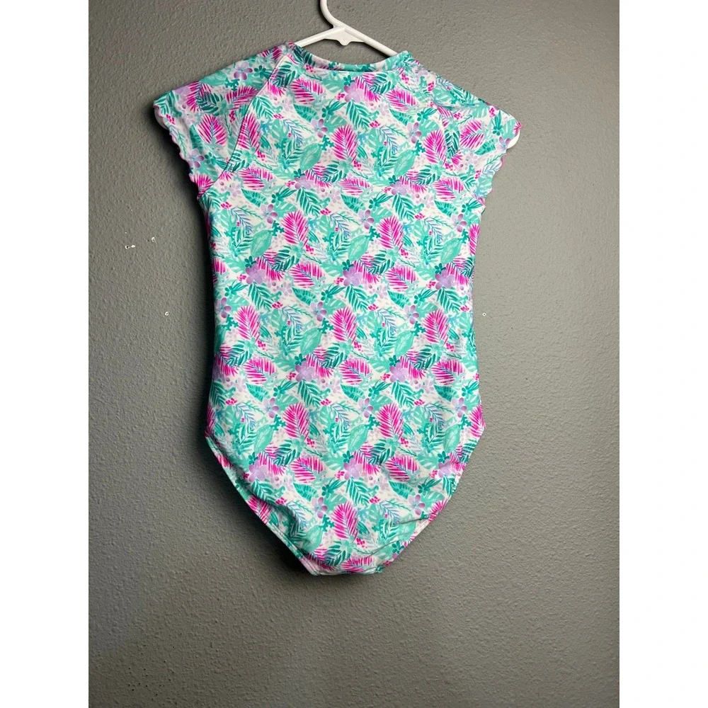More Than Magic Girls Tropical Palm Print Quarter Zip One Piece Swimsuit L 10/12